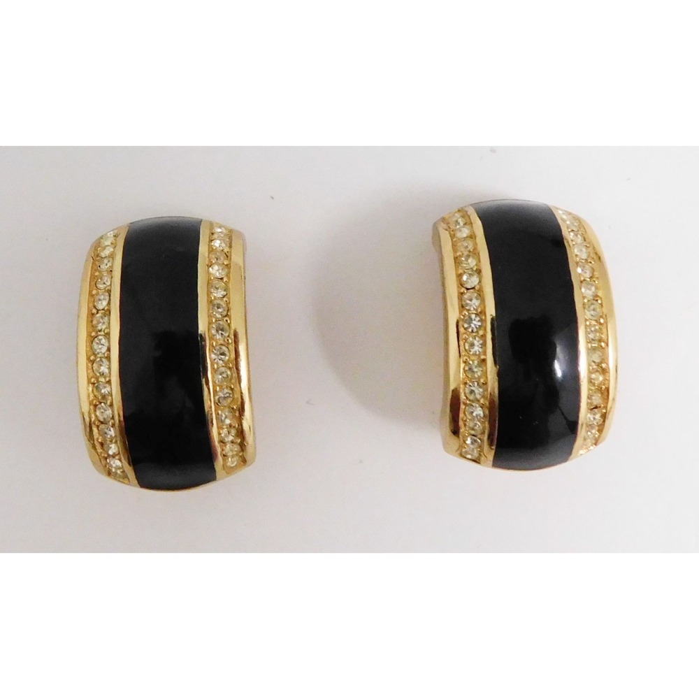 Christian Dior Vintage Black Enamel‎ Clear Jeweled Clip On Earrings